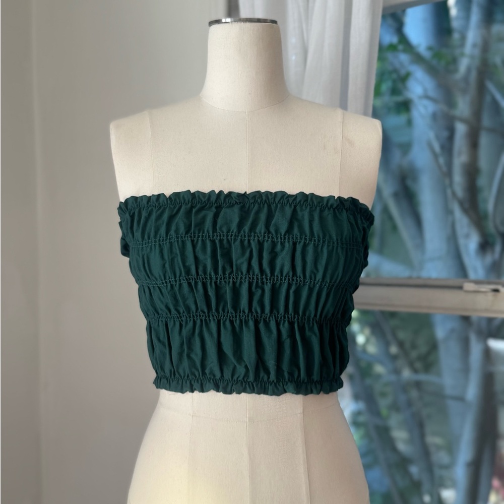UO Urban Renewal Remnants Emerald Smocked Shirred Strapless Crop Nylon Tube Top